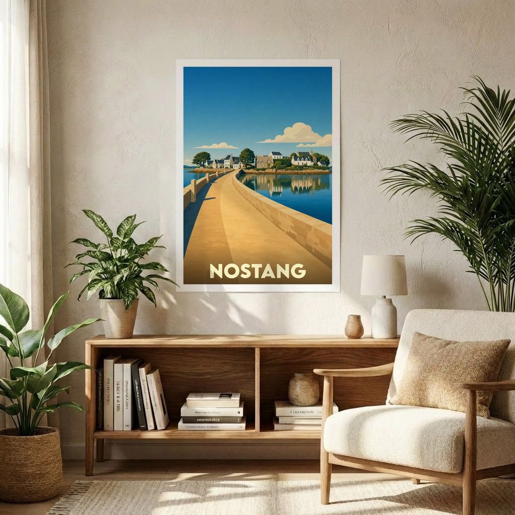 Affiche souvenir de la ville de Nostang représentant une vue stylisée de son pont et de ses maisons au bord de l'eau.