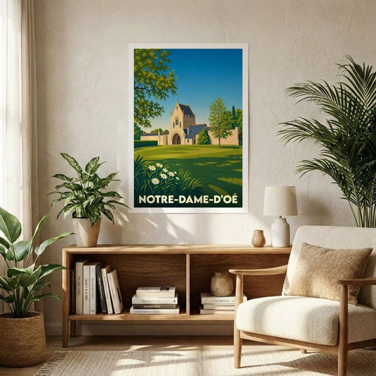 Affiche souvenir de la ville de Notre-Dame-d'Oé avec une illustration stylisée de son église dans un paysage verdoyant.