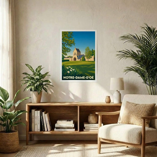 Affiche souvenir de la ville de Notre-Dame-d'Oé avec une illustration stylisée de son église et de son paysage.