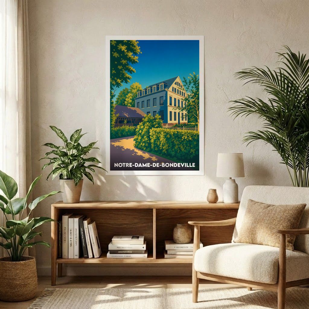 Affiche souvenir de la ville de Notre-Dame-de-Bondeville avec une illustration stylisée d'une bâtisse historique.