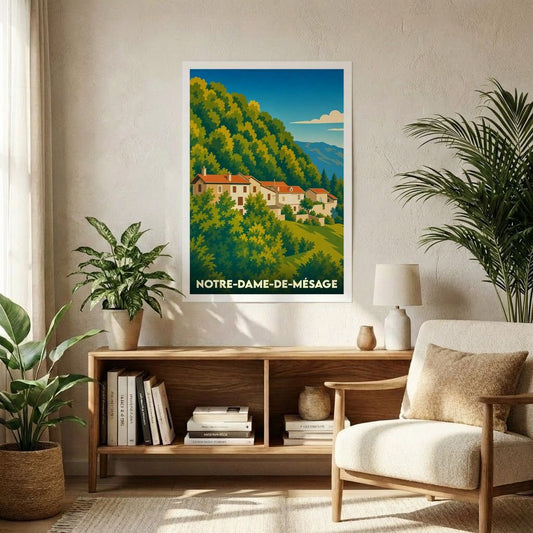 Affiche souvenir de la ville de Notre-Dame-de-Mésage avec une illustration stylisée de maisons nichées à flanc de colline boisée.