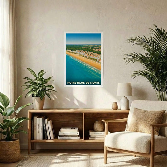 Affiche souvenir de la ville de Notre-Dame-de-Monts avec une illustration stylisée de la plage et du front de mer.