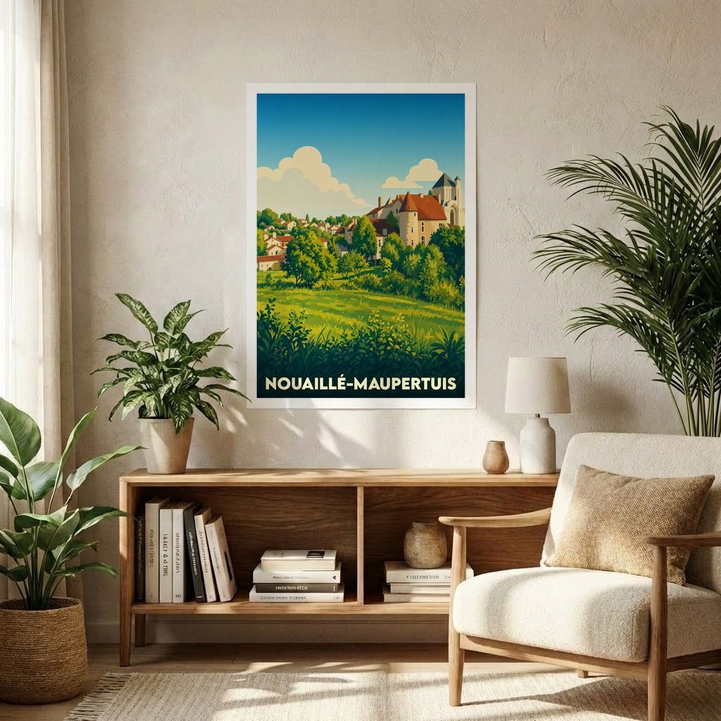 Affiche souvenir de la ville de Nouaillé-Maupertuis avec une illustration stylisée d'un paysage verdoyant et de son architecture historique.