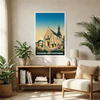 Affiche souvenir de la ville de Nouans-les-Fontaines avec une illustration stylisée de son église.