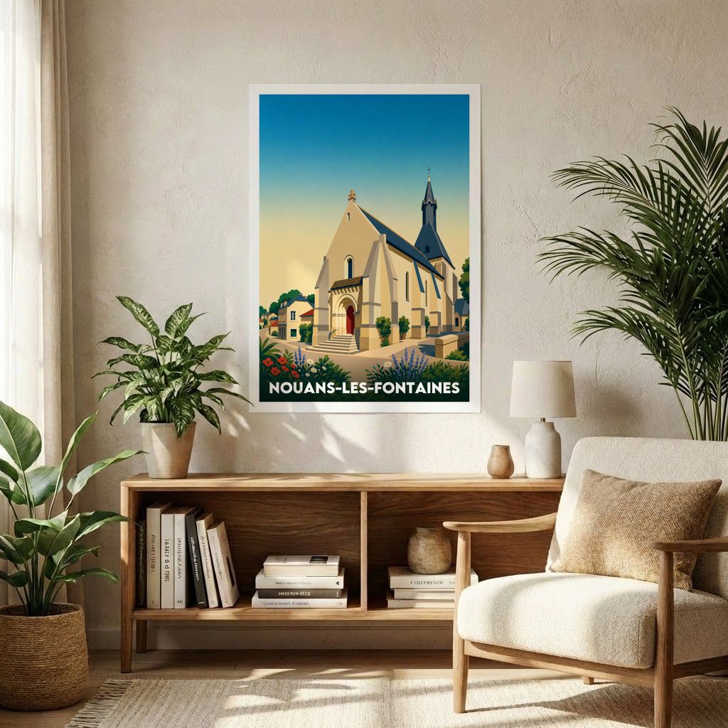 Affiche souvenir de la ville de Nouans-les-Fontaines avec une illustration stylisée de son église.