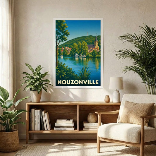 Affiche souvenir de la ville de Nouzonville avec une illustration stylisée d'un paysage fluvial.