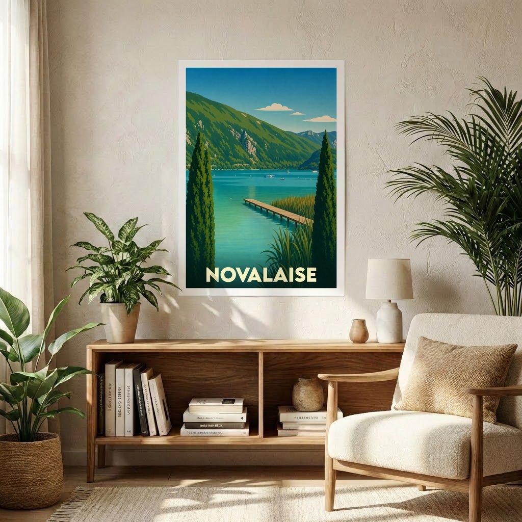 Affiche souvenir de la ville de Novalaise avec une illustration stylisée d'un lac de montagne.