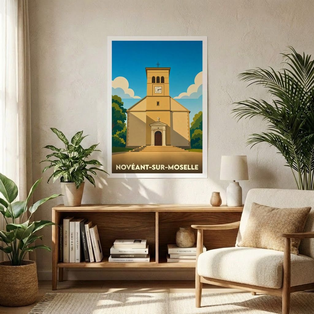 Affiche souvenir de la ville de Novéant-sur-Moselle avec une illustration stylisée de son église.