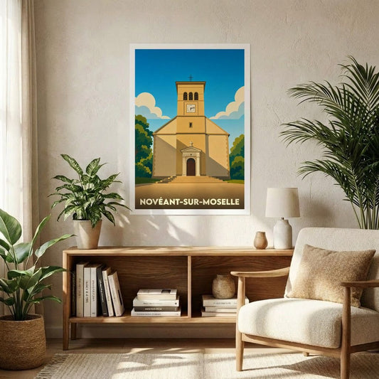 Affiche souvenir de la ville de Novéant-sur-Moselle avec une illustration stylisée de son église.
