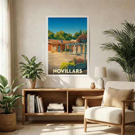 Affiche souvenir de la ville de Novillars avec une illustration stylisée et colorée.