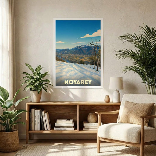 Affiche souvenir de la ville de Noyarey avec une illustration de paysage montagneux enneigé.