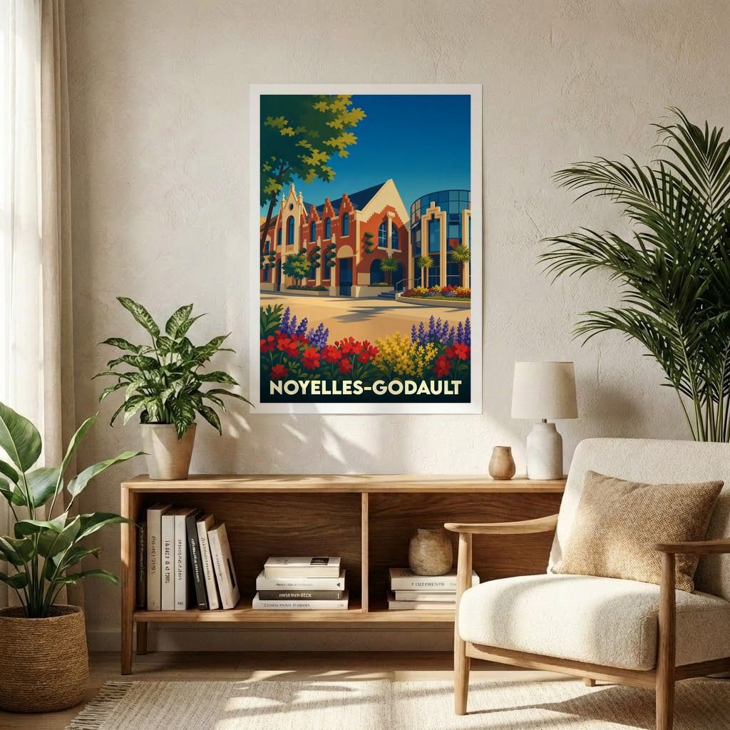 Affiche souvenir de la ville de Noyelles-Godault avec une illustration stylisée et colorée de ses bâtiments emblématiques.