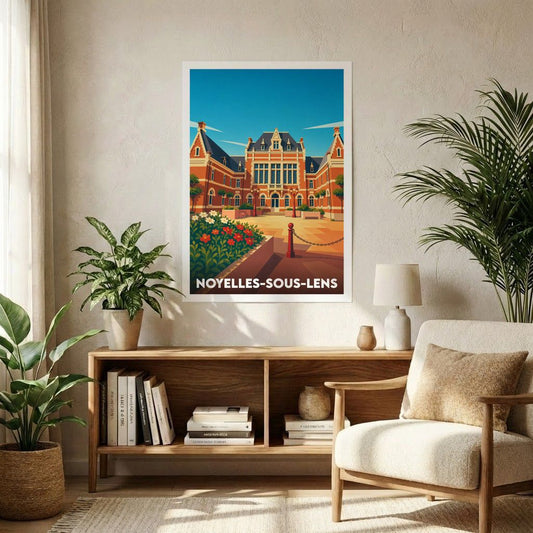Affiche souvenir de la ville de Noyelles-sous-Lens avec une illustration stylisée de son patrimoine architectural.