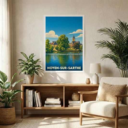Affiche souvenir de la ville de Noyen-sur-Sarthe avec une illustration stylisée d'un paysage fluvial.