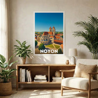 Affiche souvenir de la ville de Noyon avec une illustration stylisée de sa cathédrale.
