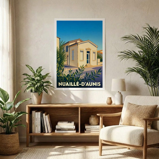 Affiche souvenir de la ville de Nuaillé-d'Aunis avec une illustration stylisée et colorée.