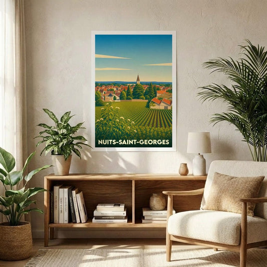 Affiche souvenir de la ville de Nuits-Saint-Georges avec une illustration stylisée de ses vignobles.