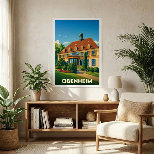 Affiche souvenir de la ville d'Obenheim avec une illustration stylisée d'un bâtiment traditionnel.