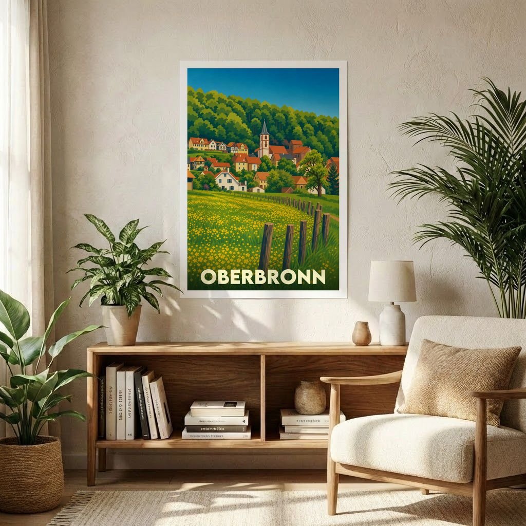 Affiche souvenir de la ville d'Oberbronn représentant un paysage de campagne alsacien avec une illustration stylisée.