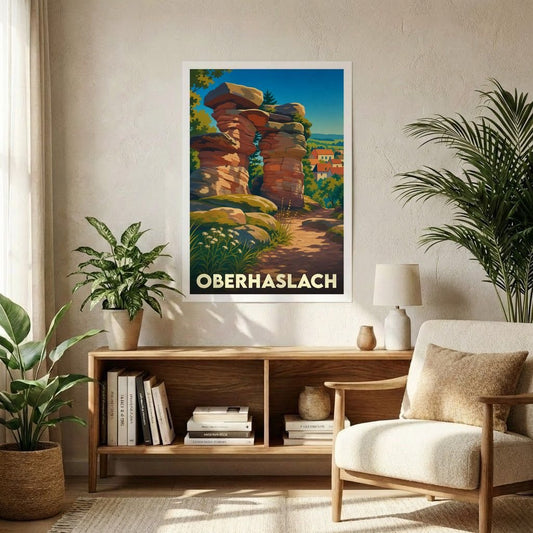 Affiche souvenir de la ville de Oberhaslach représentant les formations rocheuses locales dans un style vintage coloré.