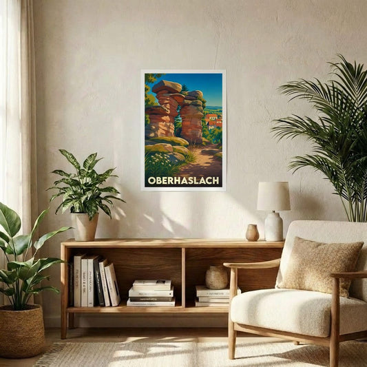 Affiche souvenir de la ville d'Oberhaslach représentant ses célèbres formations rocheuses dans un style rétro.