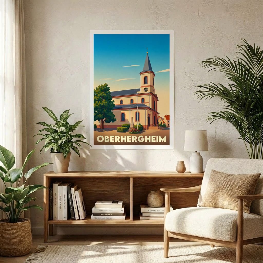 Affiche souvenir de la ville d'Oberhergheim présentant une illustration stylisée de son église sous un ciel de fin de journée.