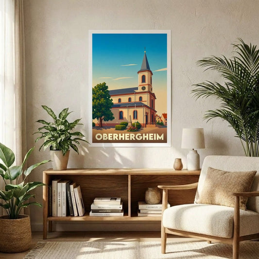 Affiche souvenir de la ville d'Oberhergheim présentant une illustration stylisée de son église sous un ciel de fin de journée.