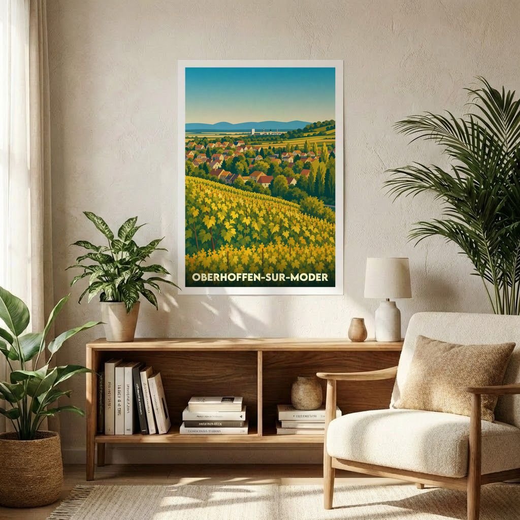 Affiche souvenir de la ville de Oberhoffen-sur-Moder illustrant ses vignobles et son village dans un style graphique épuré.