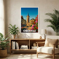 Affiche souvenir de la ville d'Obernai avec une illustration stylisée.