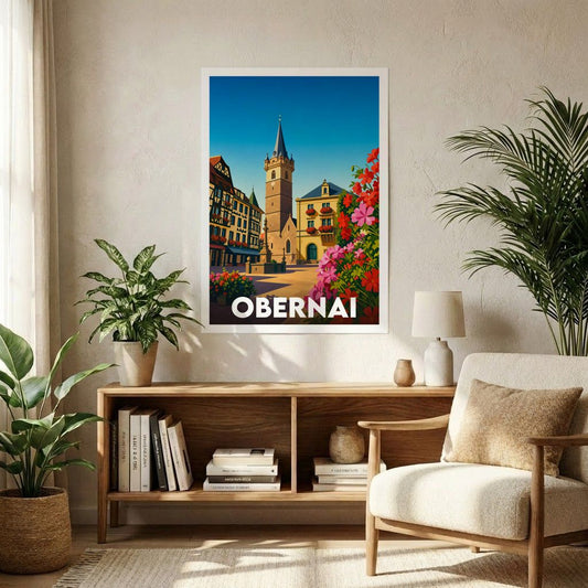 Affiche souvenir de la ville d'Obernai avec une illustration stylisée.