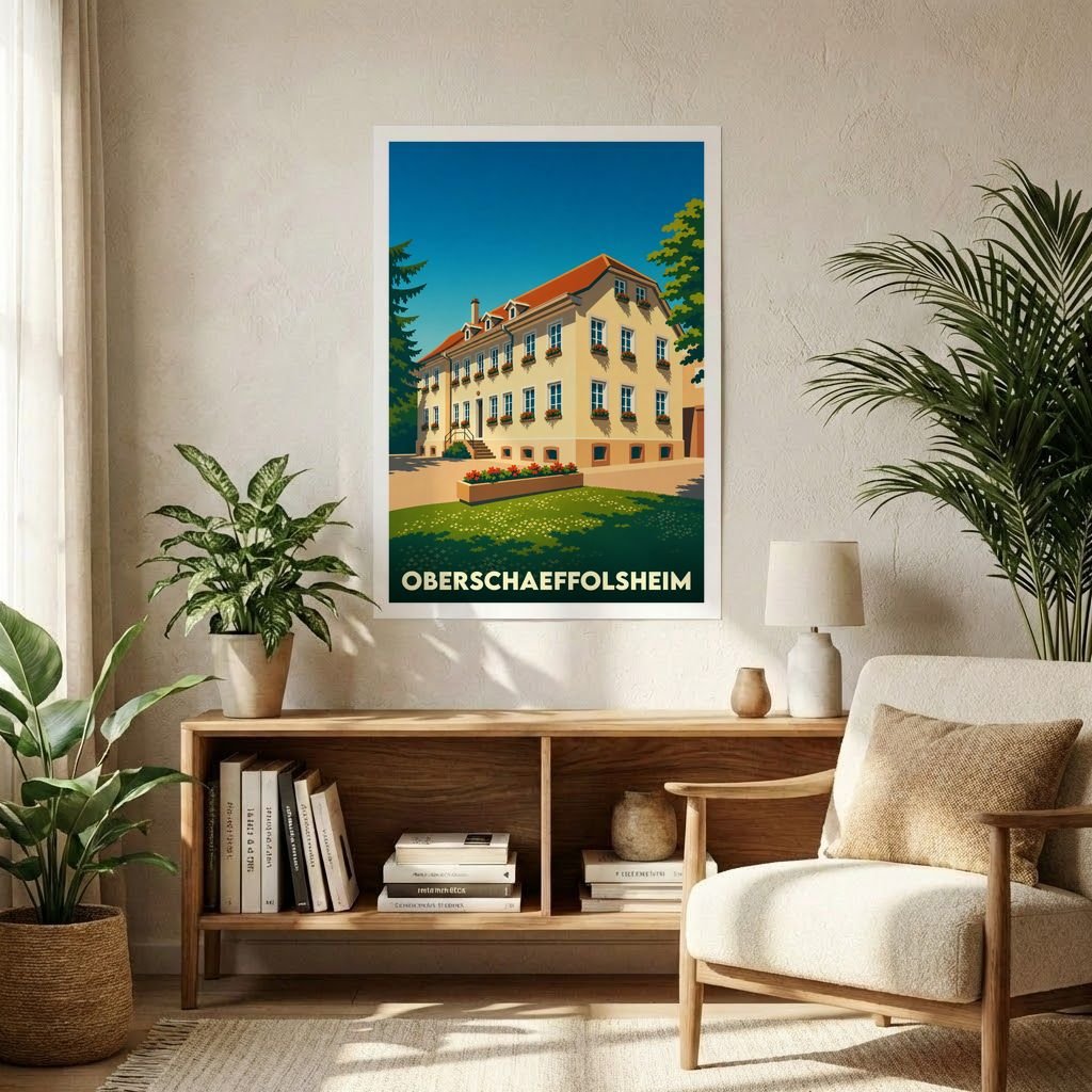 Affiche souvenir de la ville de Oberschaeffolsheim avec une illustration stylisée d'un bâtiment traditionnel alsacien.