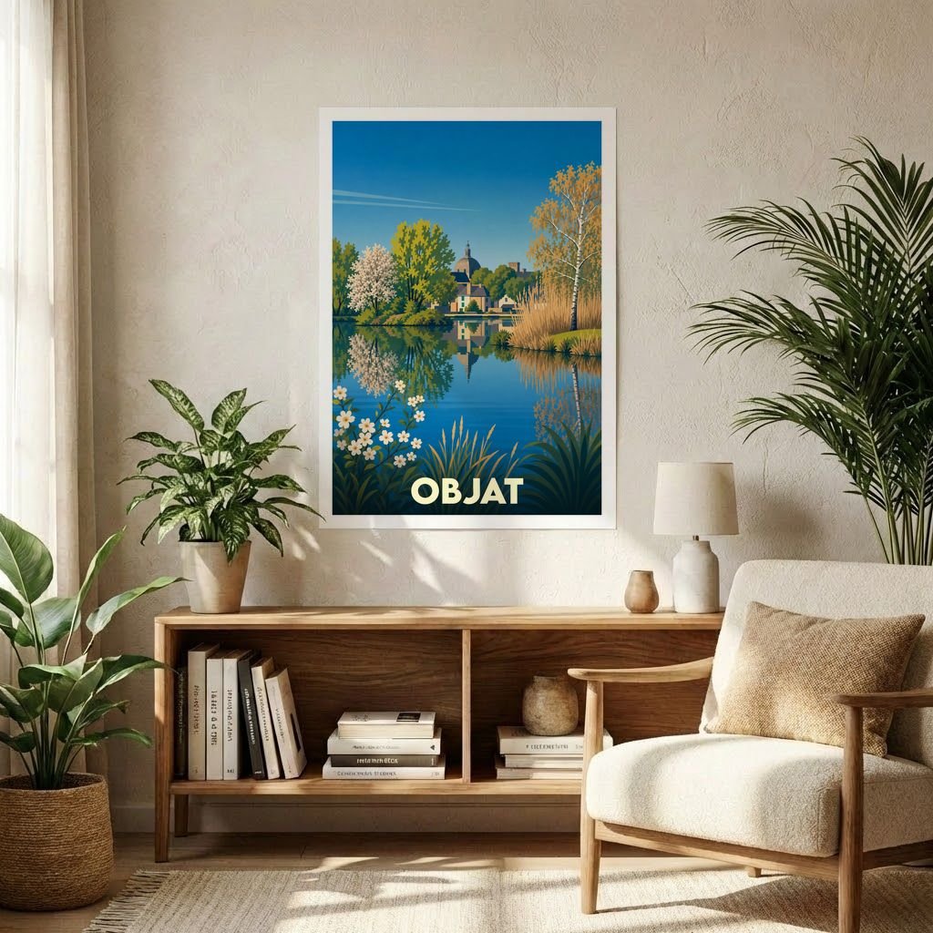 Affiche souvenir de la ville de Objat avec une illustration stylisée d'un paysage lacustre.