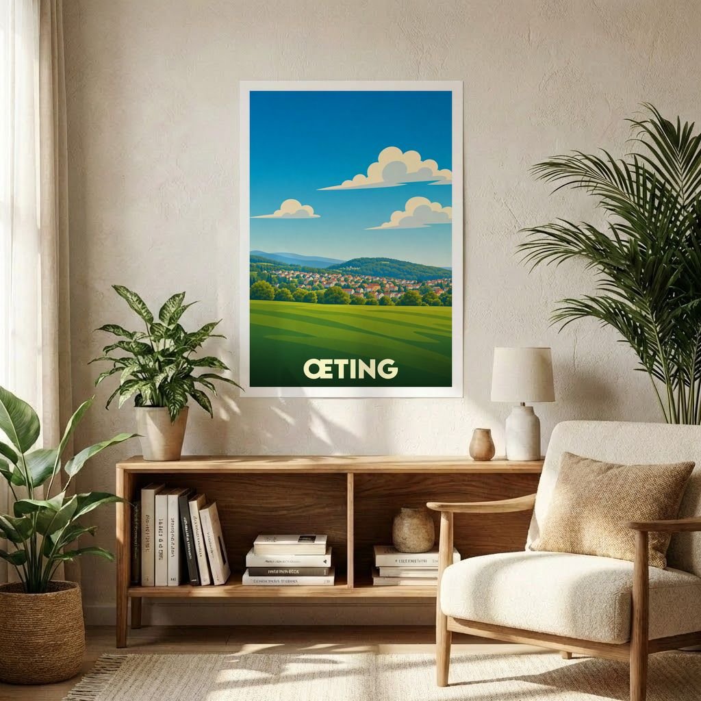 Affiche souvenir de la ville de Œting avec une illustration stylisée de paysages vallonnés.