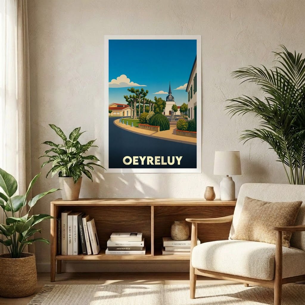 Affiche souvenir de la ville de Oeyreluy avec une illustration stylisée.