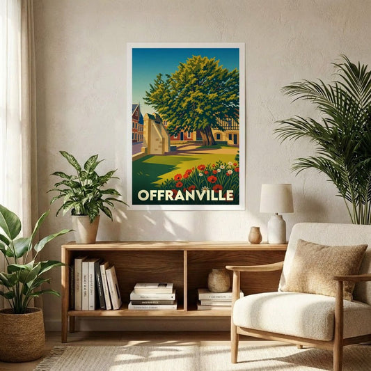 Affiche souvenir de la ville de Offranville avec une illustration stylisée d'un grand arbre et de fleurs colorées.