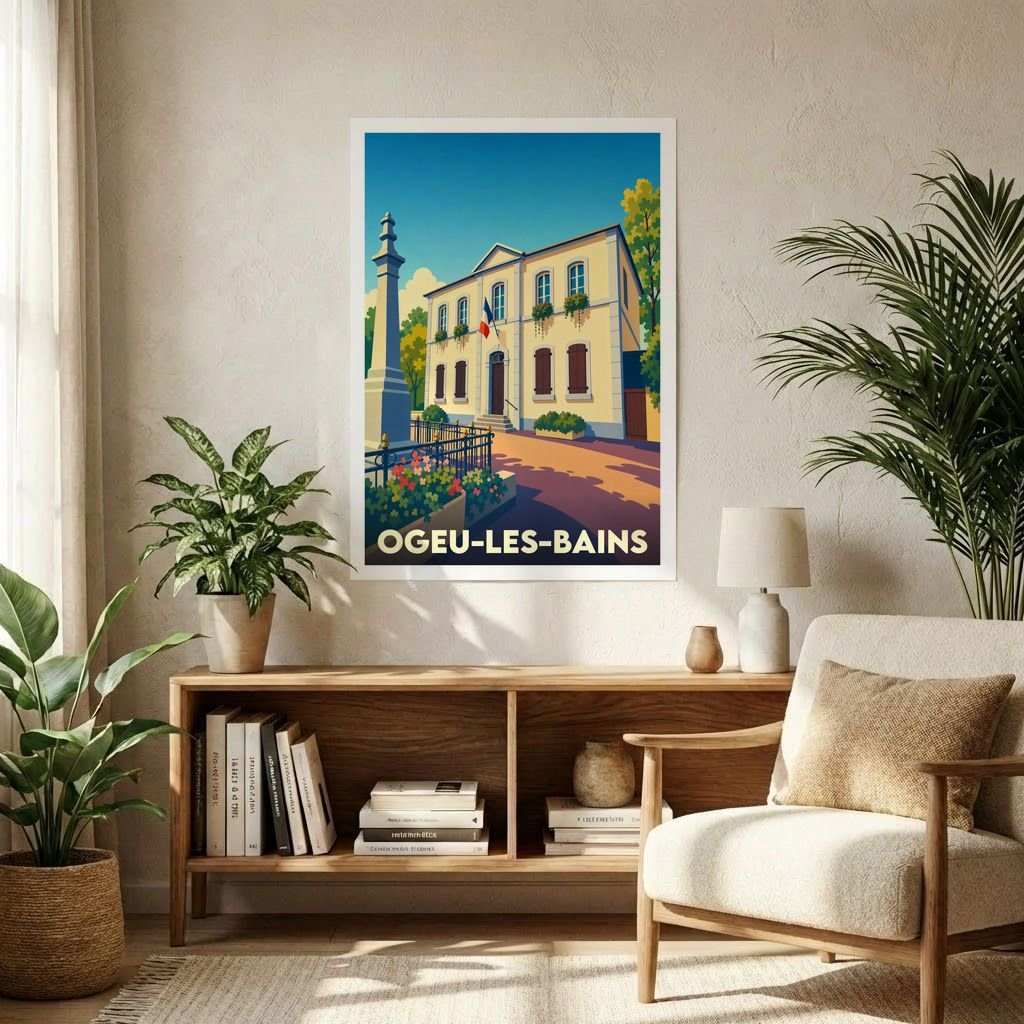 Affiche souvenir de la ville d'Ogeu-les-Bains présentant une illustration stylisée et colorée de la mairie.