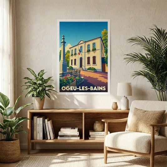 Affiche souvenir de la ville d'Ogeu-les-Bains présentant une illustration stylisée et colorée de la mairie.