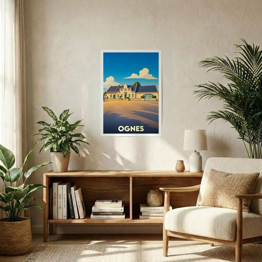 Affiche souvenir de la ville de Ognes présentant une illustration stylisée et colorée.