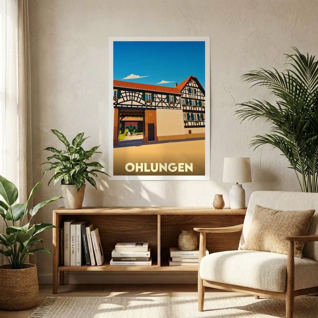 Affiche souvenir de la ville d'Ohlungen représentant une maison alsacienne traditionnelle à colombages dans un style graphique épuré.