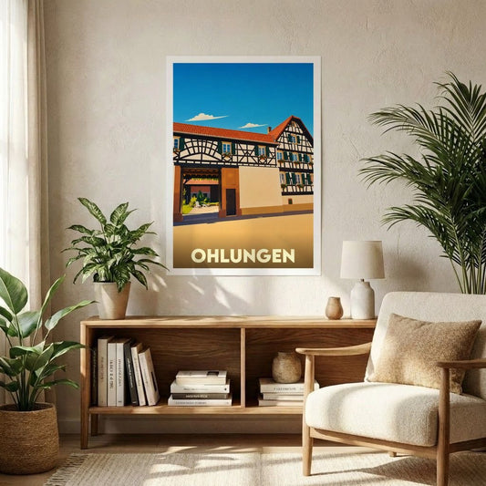 Affiche souvenir de la ville d'Ohlungen représentant une maison alsacienne traditionnelle à colombages dans un style graphique épuré.