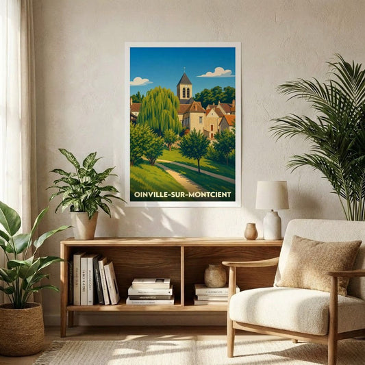 Affiche souvenir de la ville de Oinville-sur-Montcient avec une illustration stylisée de son église et de son paysage verdoyant.