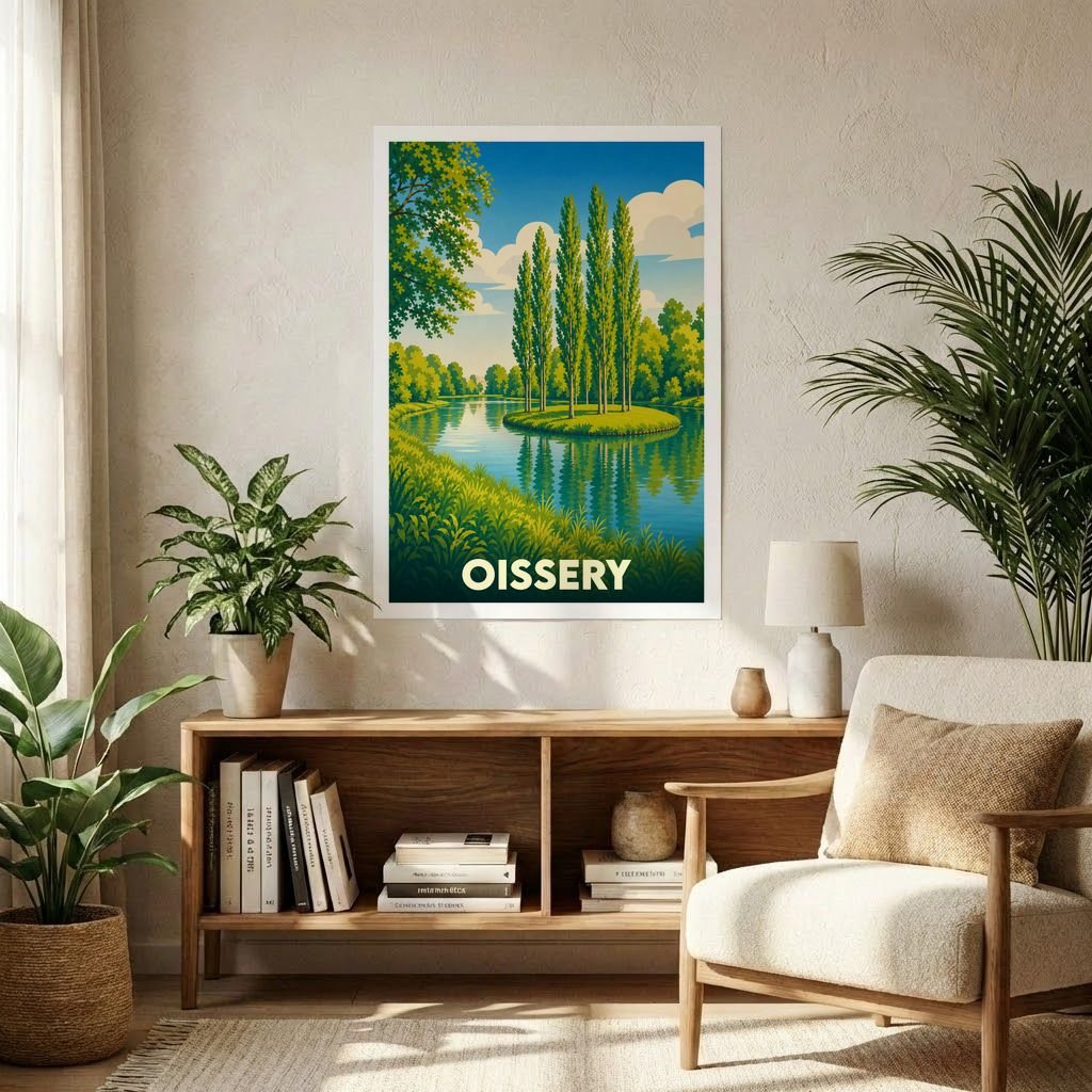Affiche souvenir de la ville de Oissery illustrant un paysage de rivière paisible dans un style graphique rétro.