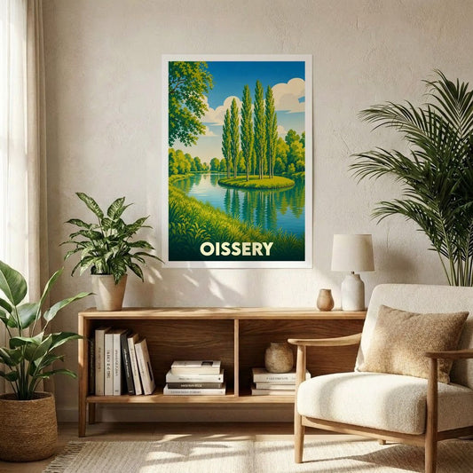 Affiche souvenir de la ville de Oissery illustrant un paysage de rivière paisible dans un style graphique rétro.