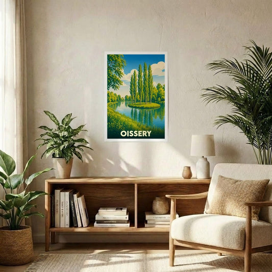 Affiche souvenir de la ville de Oissery représentant un paysage de rivière illustré dans un style vintage.