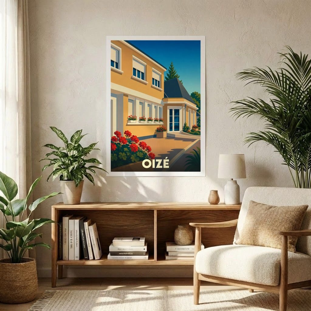 Affiche souvenir de la ville de Oizé avec une illustration stylisée et colorée de l'architecture locale.