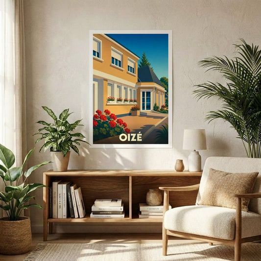 Affiche souvenir de la ville de Oizé avec une illustration stylisée et colorée de l'architecture locale.