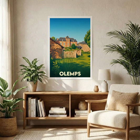 Affiche souvenir de la ville d'Olemps avec une illustration stylisée d'un manoir en pierre.