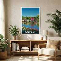 Affiche souvenir de la ville d'Olivet avec une illustration stylisée de son paysage au bord de l'eau.