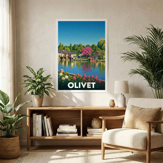 Affiche souvenir de la ville d'Olivet avec une illustration stylisée de son paysage au bord de l'eau.