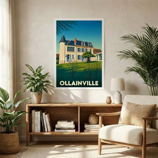 Affiche souvenir de la ville d'Ollainville avec une illustration stylisée d'une grande demeure bourgeoise.
